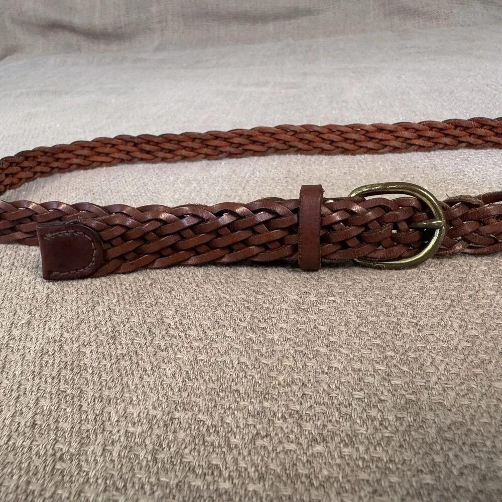 Vintage Classic Brown Leather Woven Belt Brass Buckle Sz S/M Preppy Women’s 549